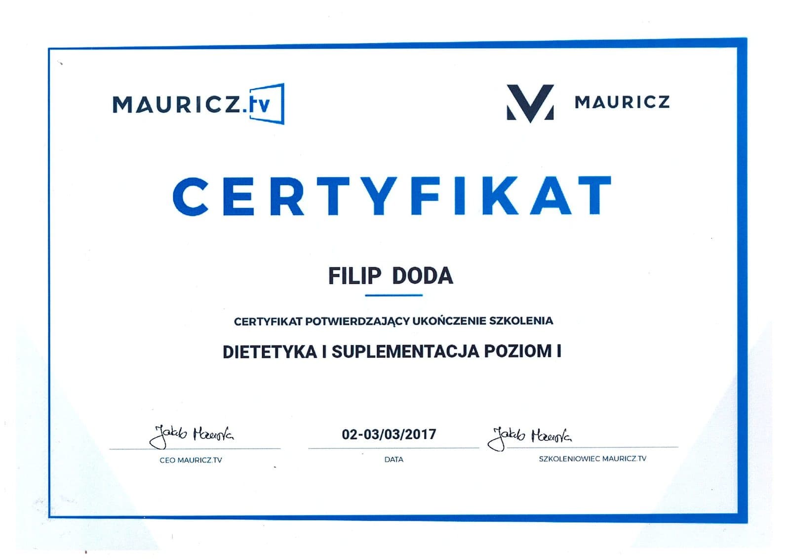 Certyfikat - Dietetyka i suplementacja, poziom I